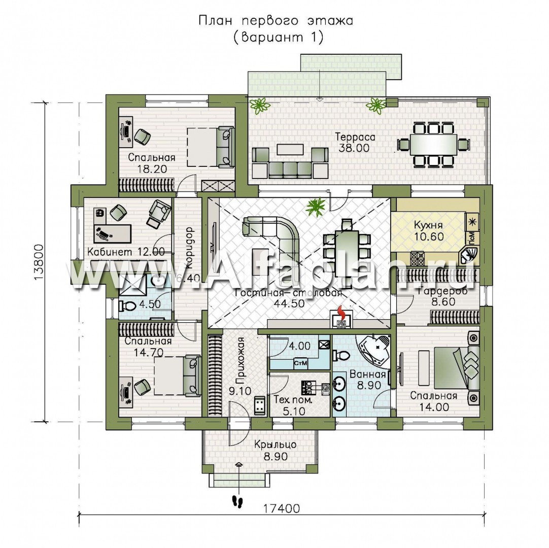 Изображение плана проекта «Аризона» - проект одноэтажного дома, с террасой, в стиле Райта №1