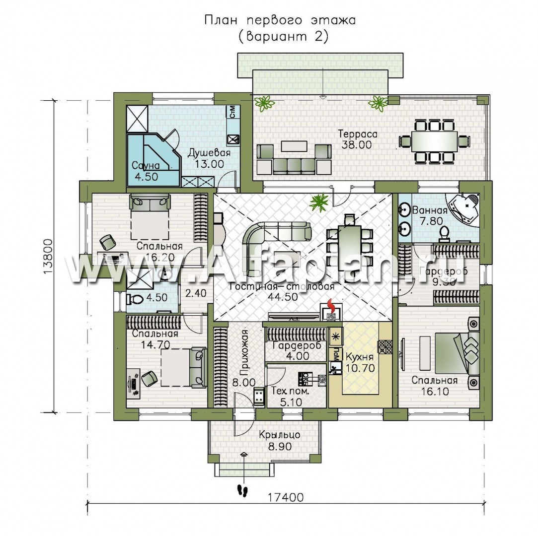 Изображение плана проекта «Аризона» - проект одноэтажного дома, с террасой и сауной, в стиле Райта №2
