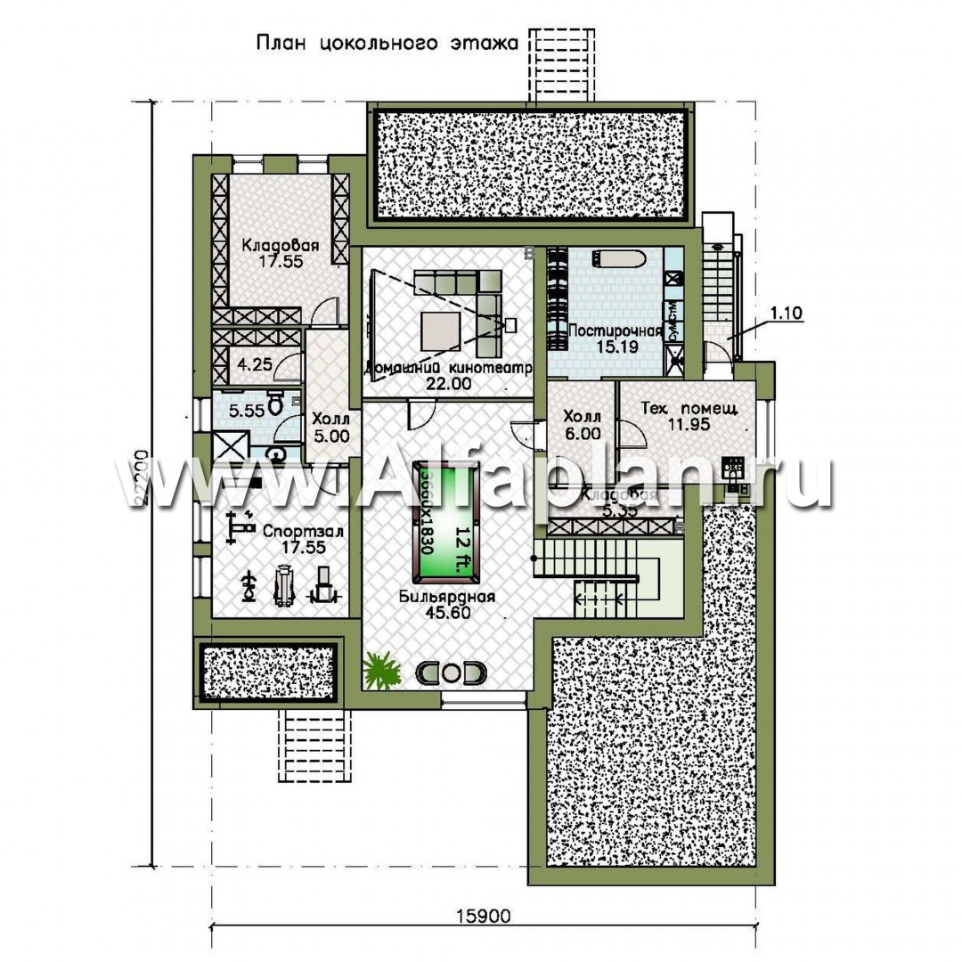 Изображение плана проекта «Альстер Плюс» — проект двухэтажного дома в стиле хай-тек, элитая вилла с цокольным этажом №1