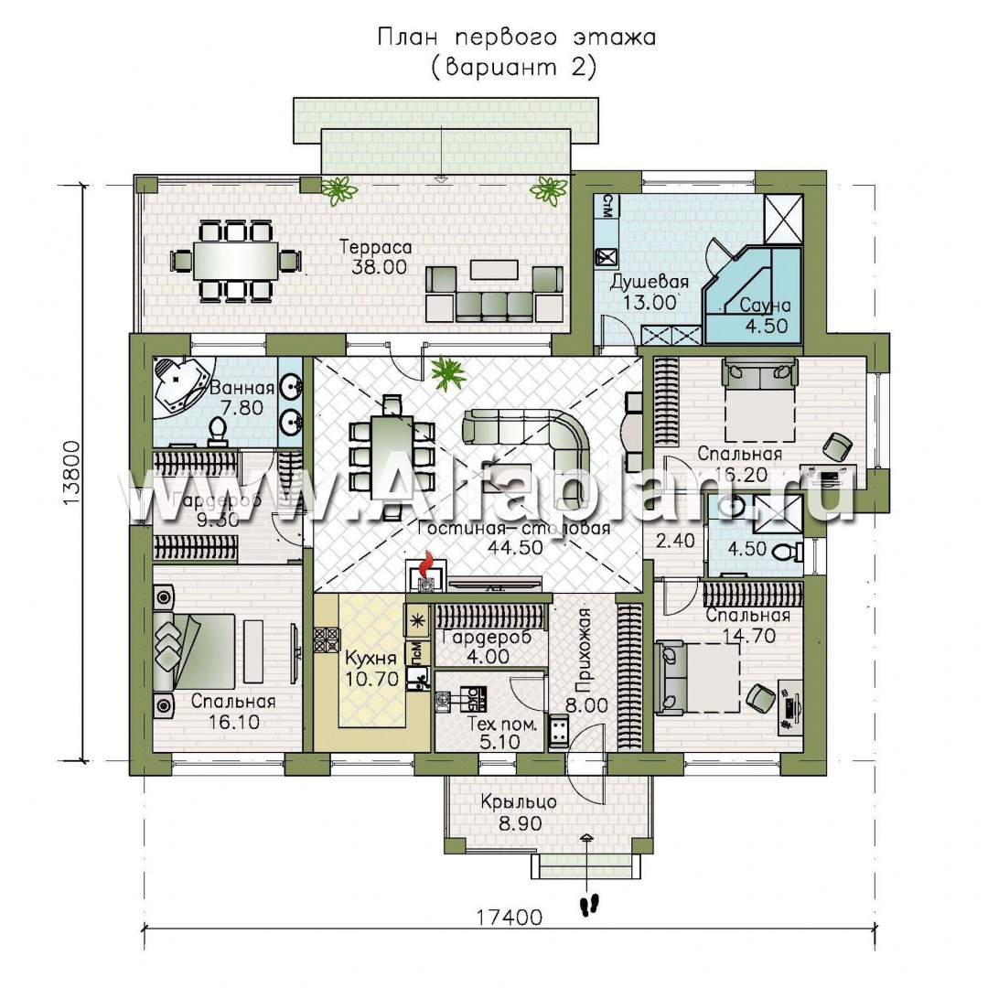 Изображение плана проекта «Аризона» - проект одноэтажного дома, с террасой и сауной, в стиле Райта №2