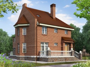 Проект двухэтажного дома, с мансардой, планировка с эркером и с террасой, в английском стиле