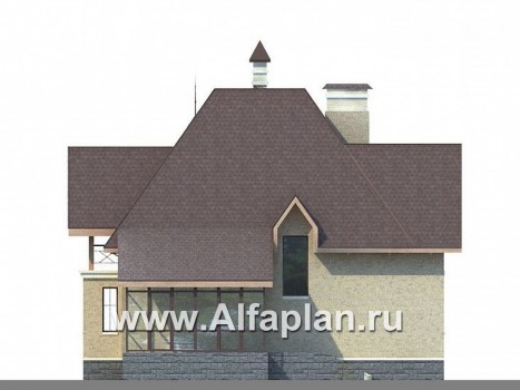«Авалон» - проект двухэтажного дома с полукруглым эркером, с террасой, с башней в стиле замка - превью фасада дома