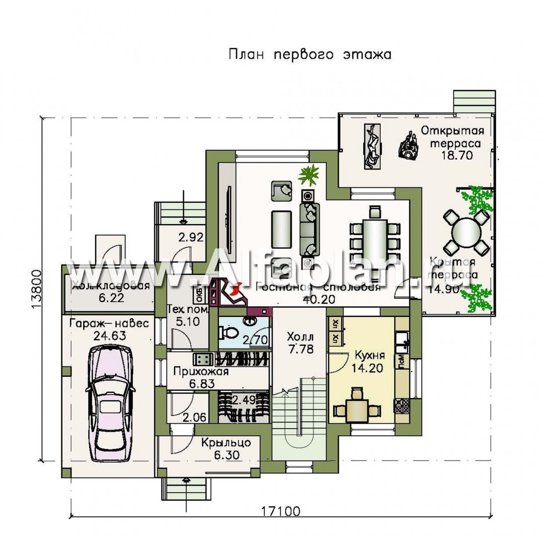 Изображение плана проекта «Скандинавия» - проект современного дома в скандинавском стиле, с фото, планировка с террасой и навес на 1 авто №1