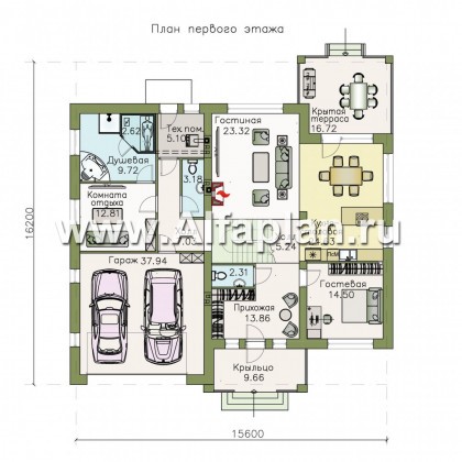 «Кластер Персея» - проект дома с мансардой, с террасой, план с сауной и гаражом на 2 авто - превью план дома