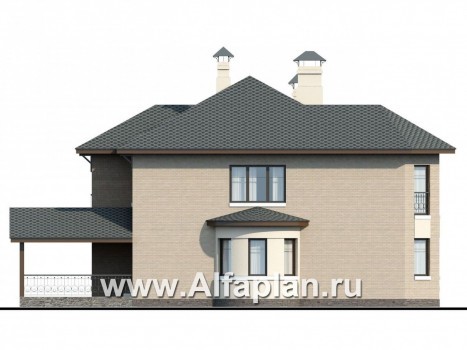 «Эллада» - проект двухэтажного дома, с эркером и с террасой, планировка с кабинетом на 1 эт, навес на 1 авто - превью фасада дома