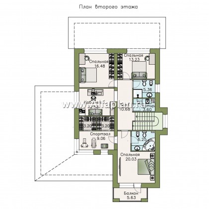 «Новый поворот» - красивый дом,  проект двухэтажного коттеджа с террасой, мастрер спальня, с гаражом - превью план дома