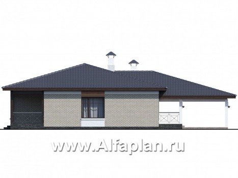 Проекты домов Альфаплан - «Покровка» - стильный одноэтажный коттедж с гаражом-навесом - превью фасада №3