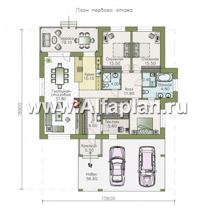 Проекты домов Альфаплан - «Покровка» - стильный одноэтажный коттедж с гаражом-навесом - превью плана проекта №1