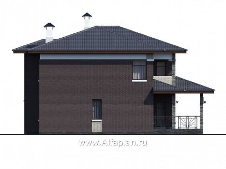 «Маяк» - проект двухэтажного дома из газобетона, с террасой со стороны входа, в стиле Райта - превью фасада дома