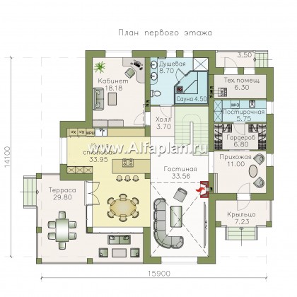 Проекты домов Альфаплан - «Голицын» — особняк с двусветной гостиной и сауной - превью плана проекта №1