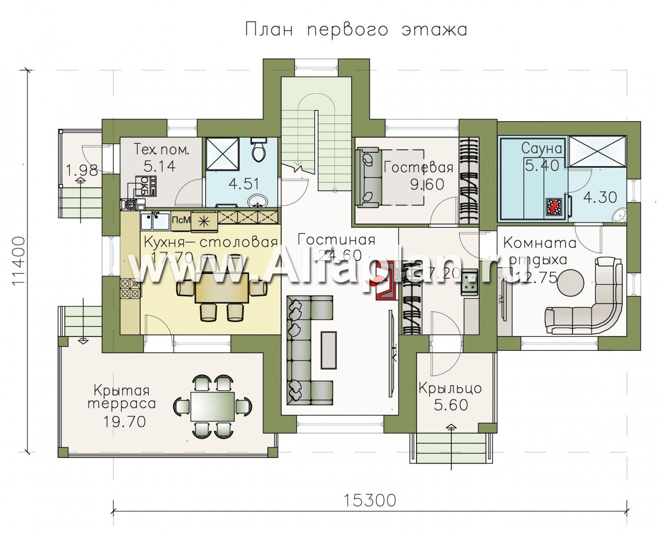 Изображение плана проекта «Саар»- проект двухэтажного дома, с террасой, с гостевой на 1 этаже, в стиле Райта, с сауной в пристройке №1