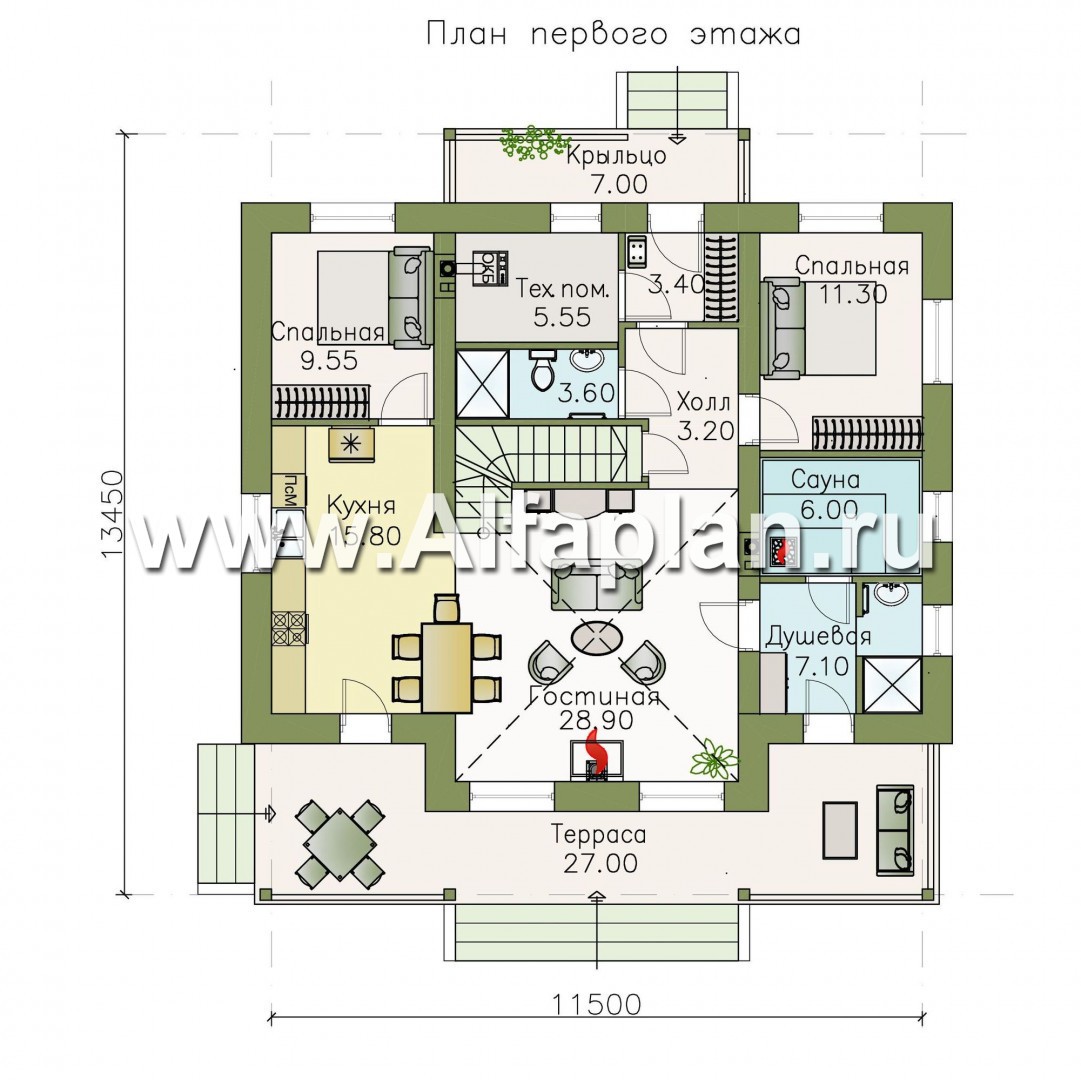 Изображение плана проекта «Моризо» - проект дома с мансардой, планировка с двусветной гостиной и сауной, шале с двускатной крышей №1