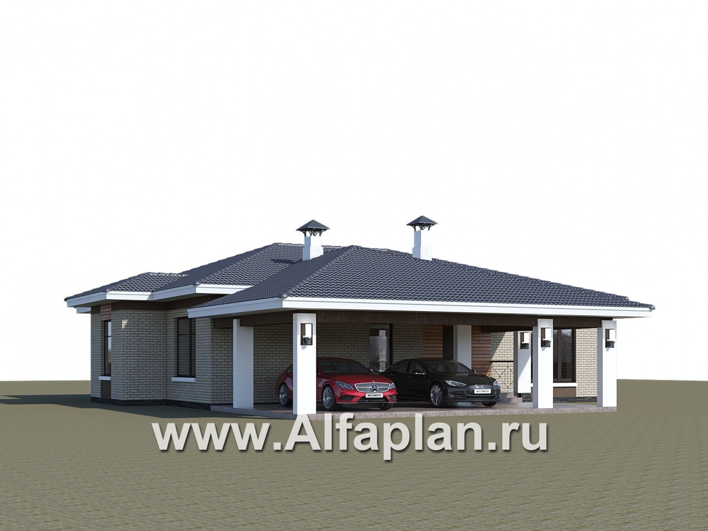 Проекты домов Альфаплан - «Покровка» - стильный одноэтажный коттедж с гаражом-навесом - дополнительное изображение №1