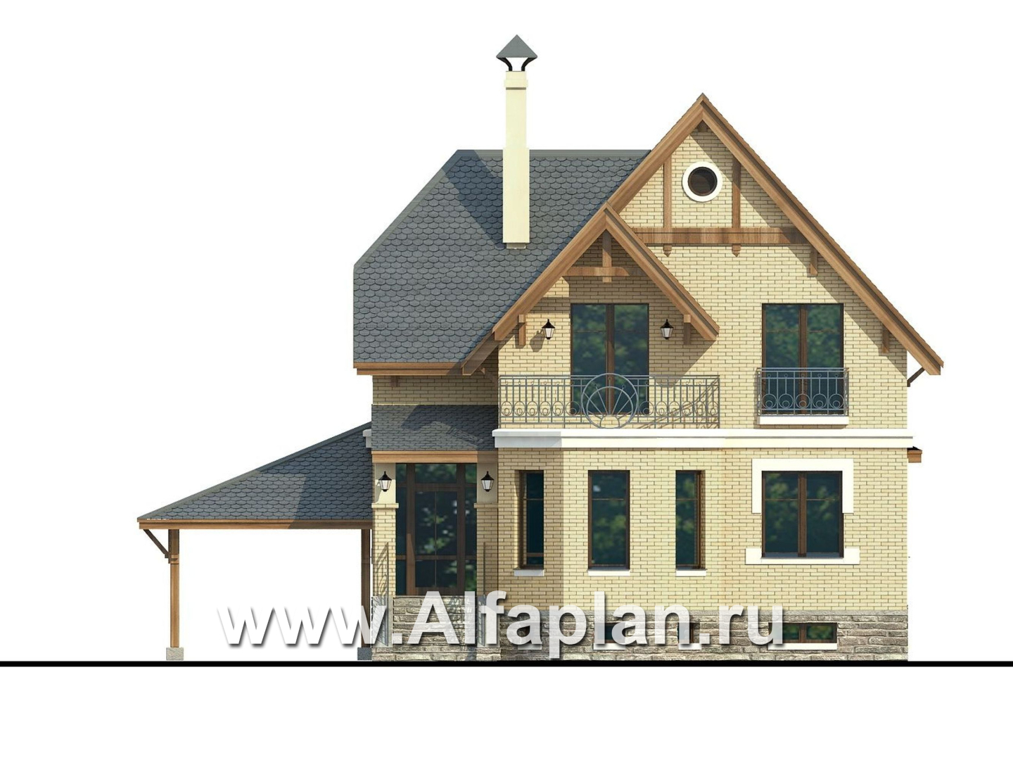 Проекты домов Альфаплан - Дом из газобетона «Шевалье плюс» с цокольным этажом - изображение фасада №1