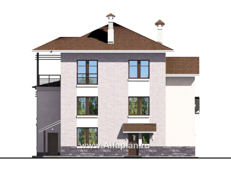 «Светлые времена» - проект трехэтажного дома, с гаражом на 1 авто и гостевой квартирой в цоколе, угловая терраса - превью фасада дома