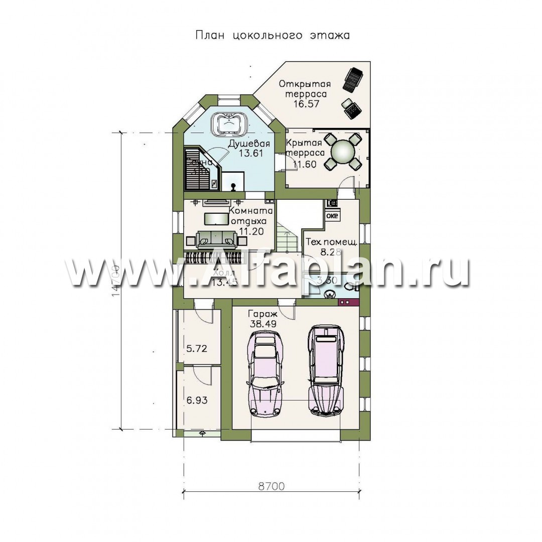 Изображение плана проекта Проект трехэтажного дома, с гаражом и сауной, с террасой, цокольный этаж на уровне земли №1