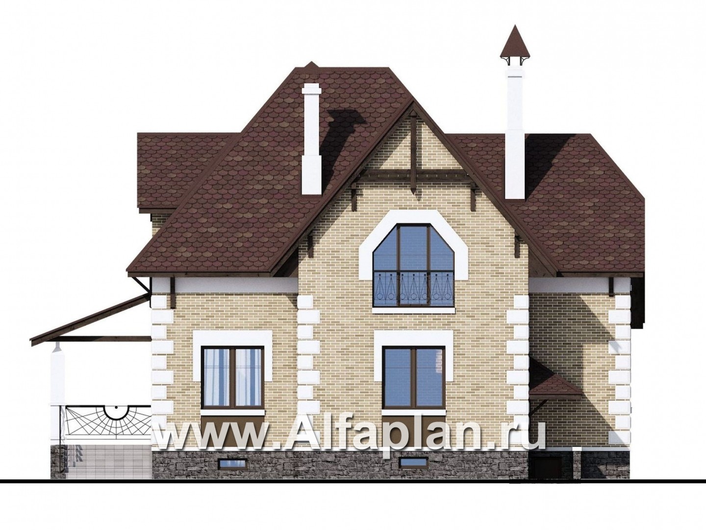 Проекты домов Альфаплан - «Клио Плюс» - коттедж с  цокольным этажом и угловой террасой - изображение фасада №4