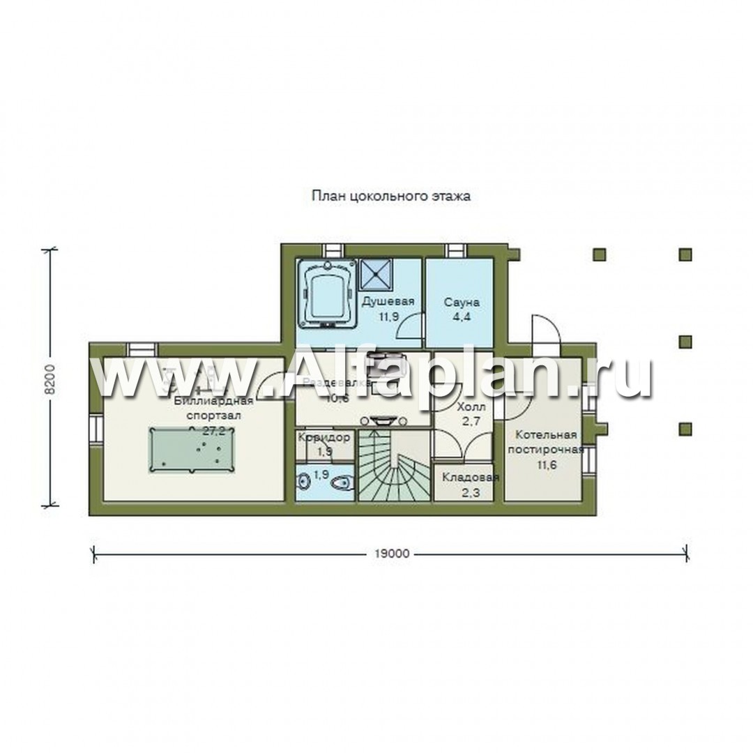 Изображение плана проекта «Яблоко» - проект дома с мансардой, с цокольным этажом, для узкого участка с рельефом №1
