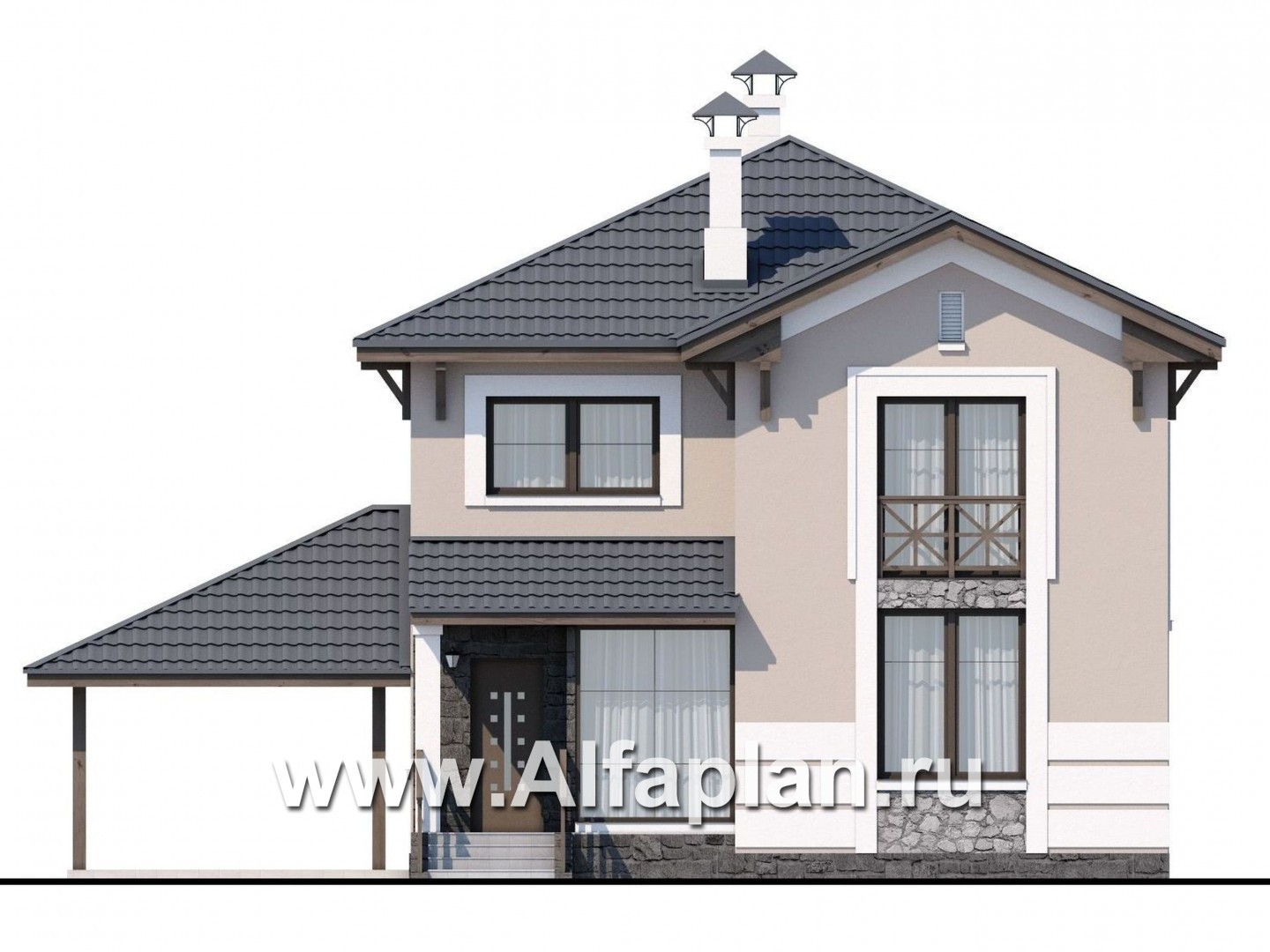 Проекты домов Альфаплан - Кирпичный дом «Собственный рай» с навесом для машины - изображение фасада №1