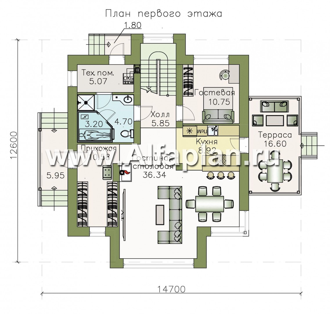 Изображение плана проекта «Арктур» - проект дома с мансардой, из газобетона, с сауной и с террасой, современный стиль №1