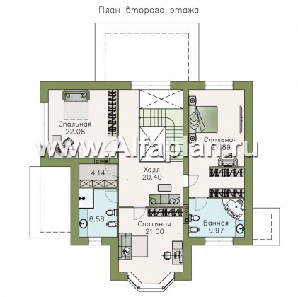 «Диадема» - проект двухэтажного дома, лестница в центре, с эркером и с террасой, в стиле эклектика - превью план дома