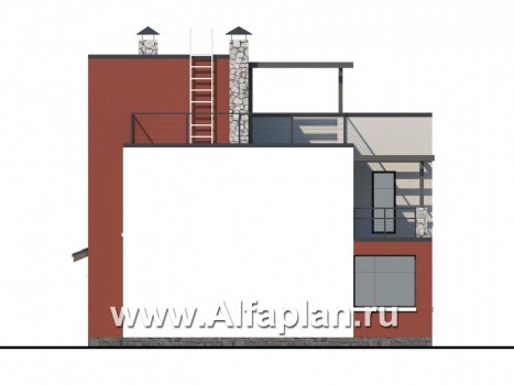«Виток спирали» - проект двухэтажного современного дома, плоской эксплуатируемой крышей, в стиле минимализм - превью фасада дома