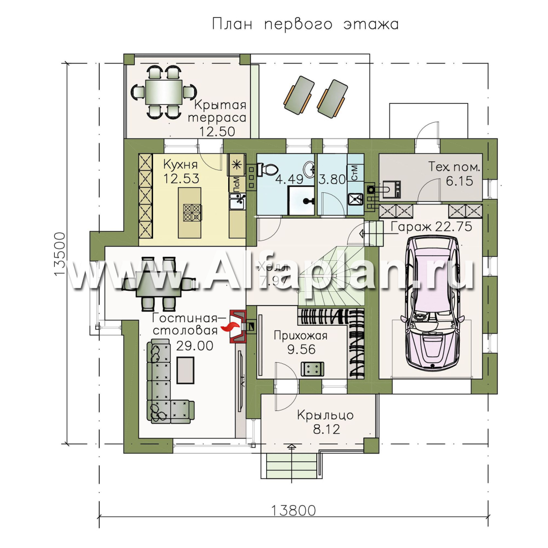 Изображение плана проекта «Лотос» - проект современного двухэтажного дома, 4 спальни, с террасой, в стиле минимализм, с гаражом №1