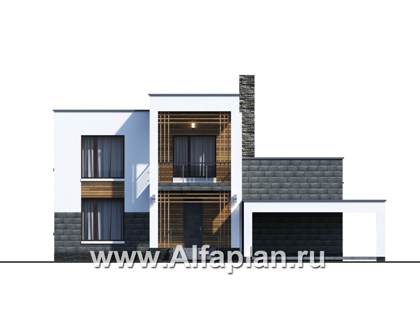 Проекты домов Альфаплан - «Футура» - современный двухэтажный дом с плоской кровлей и гаражом-навесом - изображение фасада №1