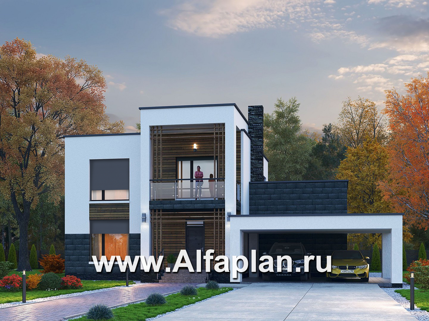 Проекты домов Альфаплан - «Футура» - современный двухэтажный дом с плоской кровлей и гаражом-навесом - основное изображение