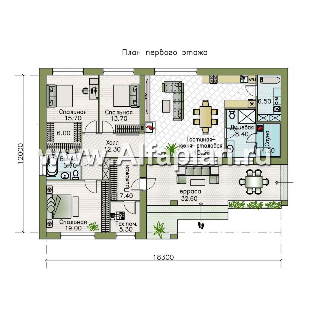 Изображение плана проекта «Алазея» - проект одноэтажного дома из газобетона, с террасой и  с сауной, в современном стиле №1