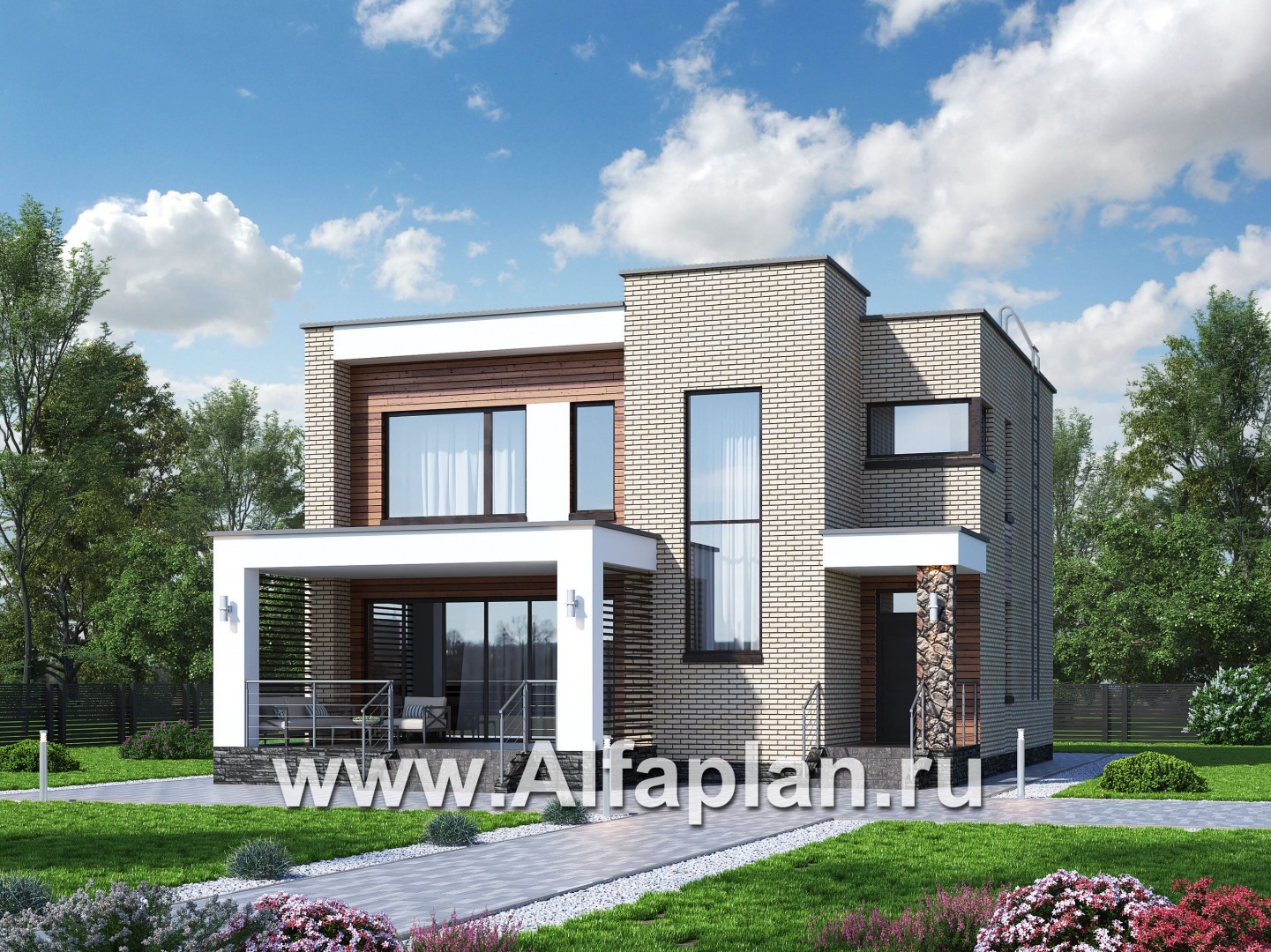 Проекты домов Альфаплан - «Эрго» - проект двухэтажного дома с плоской кровлей 10х10м - основное изображение
