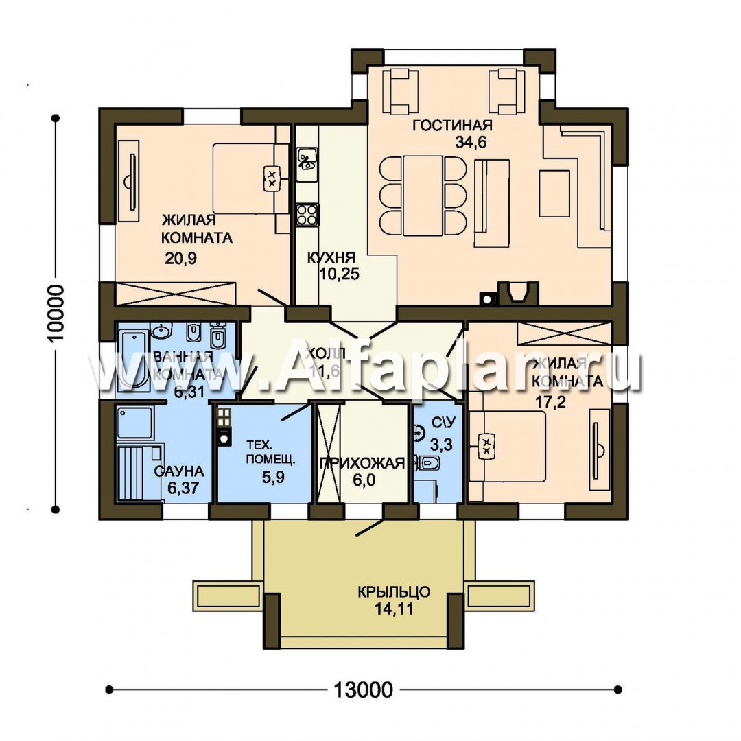 Изображение плана проекта Проект одноэтажного дома, 2 спальни, с эркером и с сауной, для небольшой семьи №1
