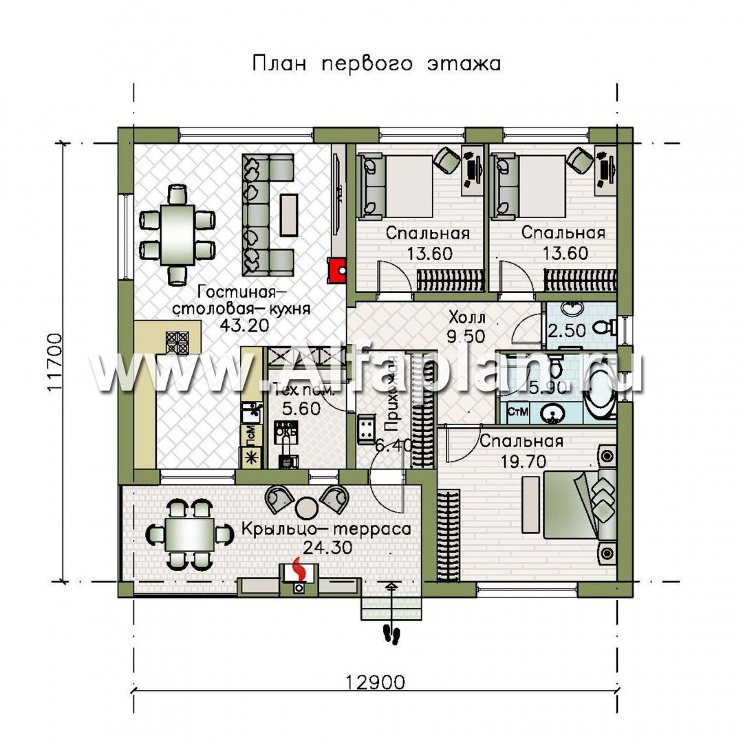 Изображение плана проекта «Веда» - проект одноэтажного дома, 3 спальни, с двускатная крыша №1
