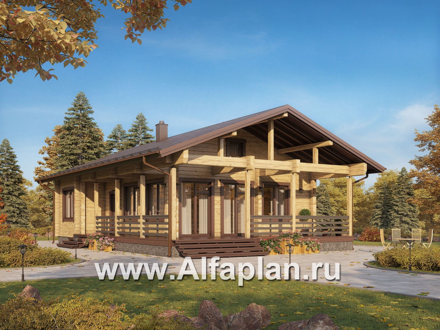 Проекты домов Альфаплан - Проект  современной дачи с большой угловой террасой - основное изображение