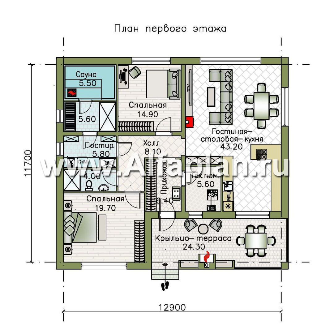 Изображение плана проекта «Веда» - проект одноэтажного дома с сауной, с террасой, с двускатной крышей №1
