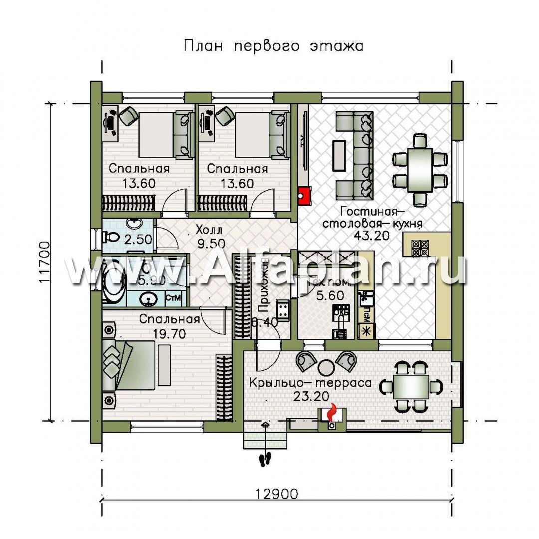 Изображение плана проекта «Веда» - проект одноэтажного дома, 3 спальни,  в стиле барн №1