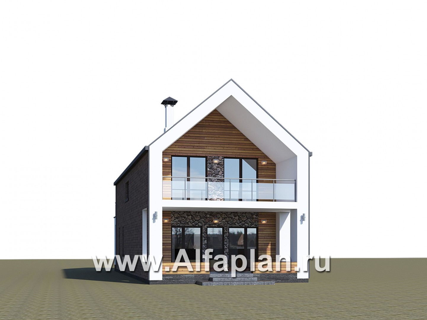 Проекты домов Альфаплан - «Барн» — современный мансардный дом с террасой и балконом - дополнительное изображение №2