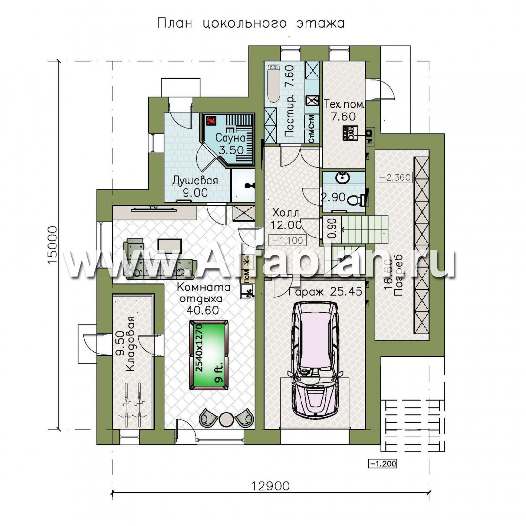 Изображение плана проекта «Амур» - проект трехэтажного дома, с  гаражом в цоколе и с сауной, с двусветной гостиной №1