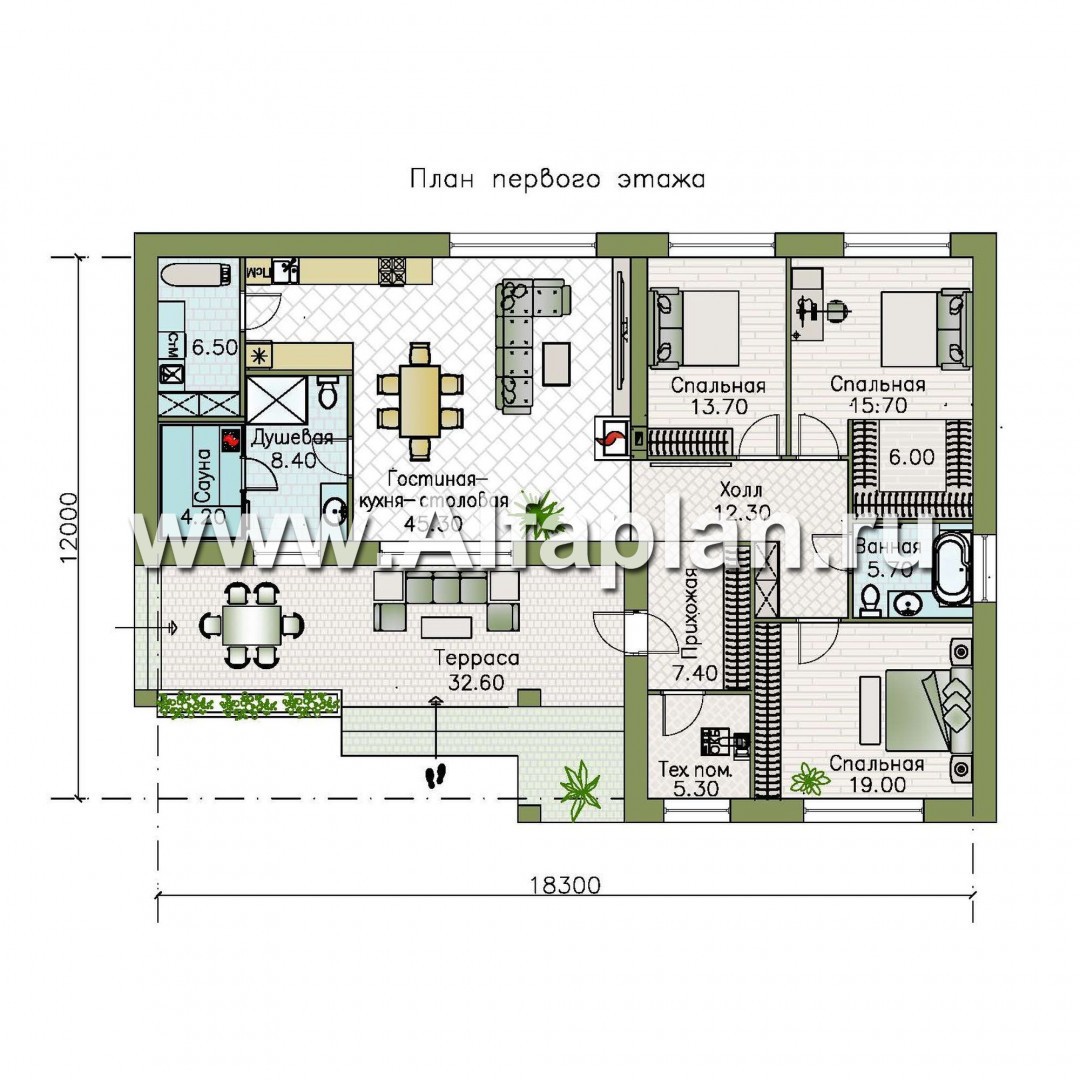 Изображение плана проекта «Алазея» - проект одноэтажного дома из газобетона, с террасой и  с сауной, в современном стиле №1