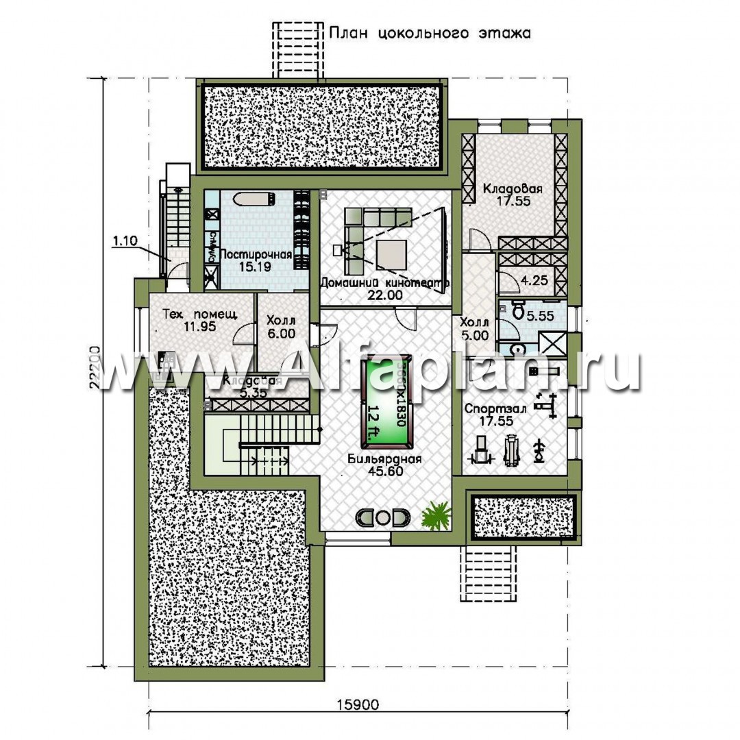 Изображение плана проекта «Альстер Плюс» — проект двухэтажного дома в стиле хай-тек, элитая вилла с цокольным этажом №1