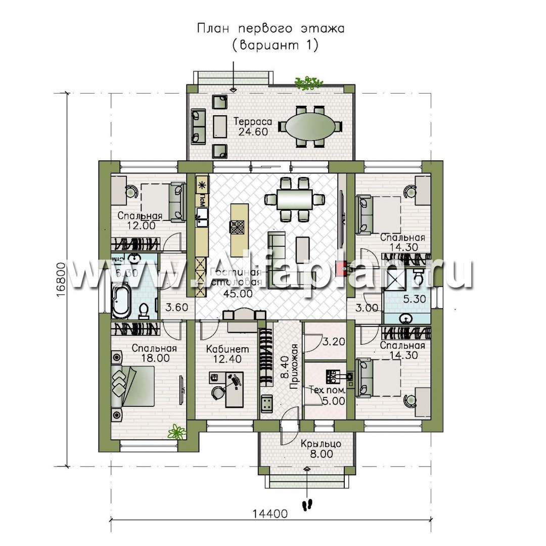 Изображение плана проекта «Зодиак» - проект одноэтажного дома из газобетона с пятью жилыми комнатами №1
