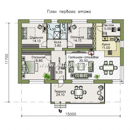 «Соната» - проект одноэтажного дома, с террасой, 3 спальни, в современном стиле - превью план дома
