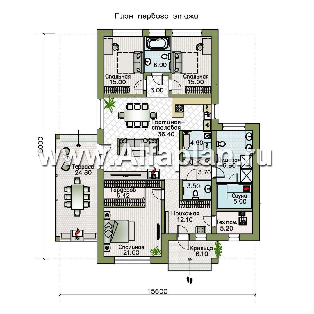 Изображение плана проекта «Юкон» - проект одноэтажного коттеджа из газобетона, планировка дома с террасой и сауной №1
