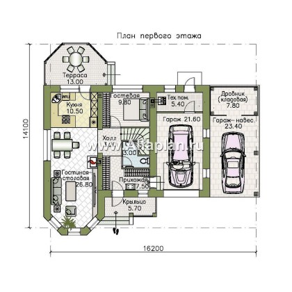 «Аврора» - проект двухэтажного дома из газобетона с эркером, с террасой и гаражом - превью план дома