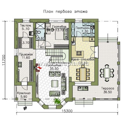 Проекты домов Альфаплан - "Вермеер" - проект двухэтажного дома с эркером и лестницей в гостиной - превью плана проекта №1