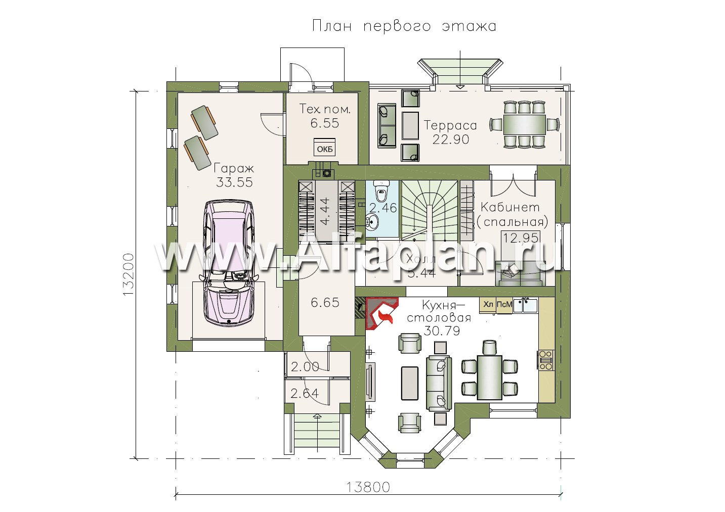 Изображение плана проекта Проект двухэтажного дома из газобетона «Шевалье» с кабинетом на 1 эт, с эркером и гаражом №1