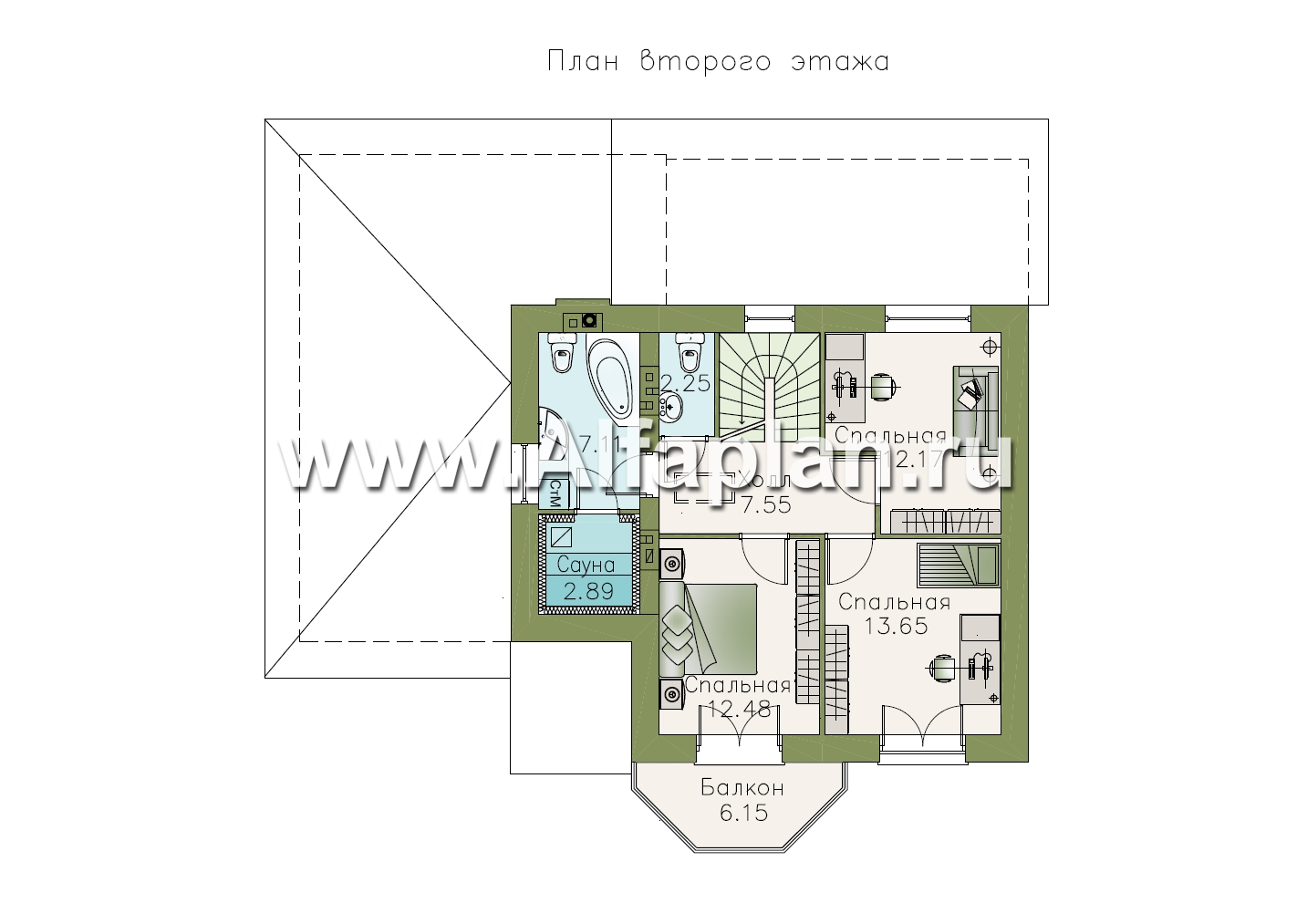 Изображение плана проекта Проект двухэтажного дома из газобетона «Шевалье» с кабинетом на 1 эт, с эркером и гаражом №2