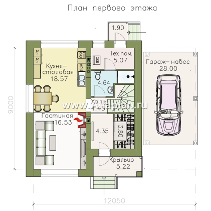 Проекты домов Альфаплан - Кирпичный дом «Серебро» с навесом для машины - превью плана проекта №1