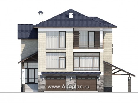 Проекты домов Альфаплан - «Линия горизонта» - современный коттедж с гаражом в цоколе - превью фасада №1