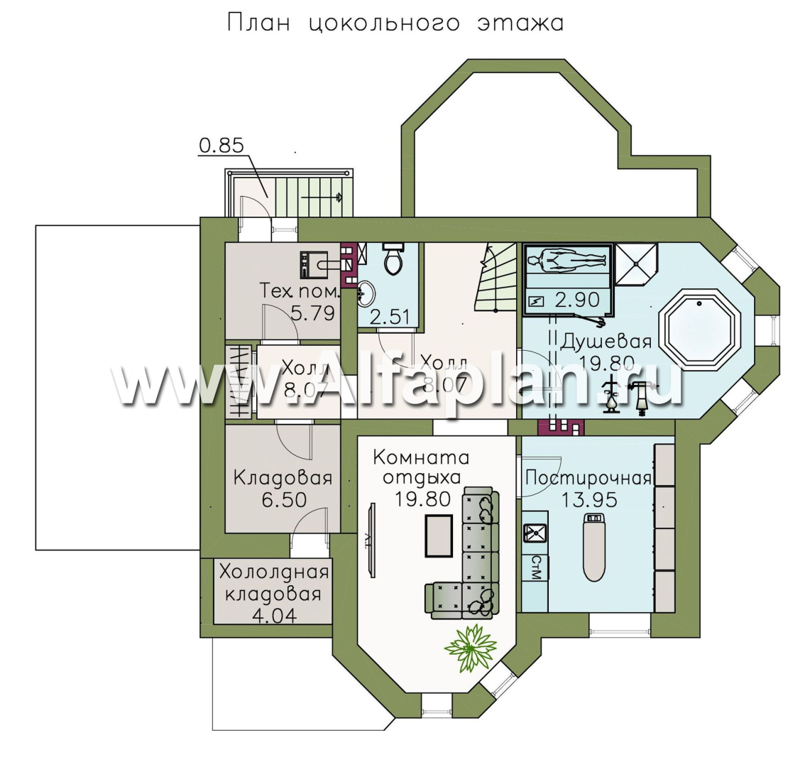 Изображение плана проекта «Классика» - проект двухэтажного дома с эркером, планировка с кабинетом на 1 эт и с террасой, с цокольным этажом №1